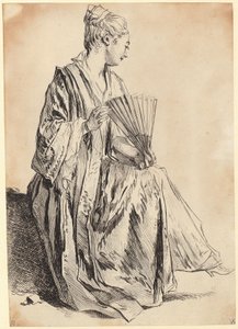 Ung kvinne som sitter og leker med en vifte av François Boucher