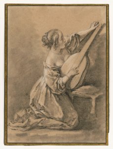 En ung kvinne som sitter på kne og stemmer en lut av François Boucher