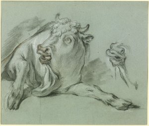 En liggende okse. Studie etter maleriet «Røveriet av Europa» i Musée du Louvre i Paris av François Boucher