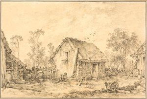 Landskap med rustikk hytte av François Boucher