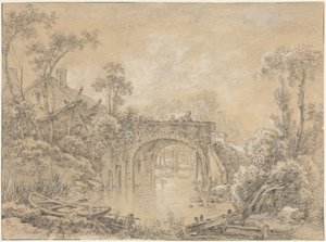 Landskap med en rustikk bro av François Boucher