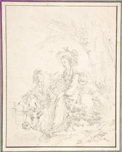 Bondejente som rir på en okse sammen med noen venner av François Boucher