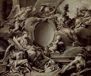 Prosjekt for en kartusj: En allegori over Minerva, berømmelse, historie og tro som overvinner uvitenhet og tid av François Boucher