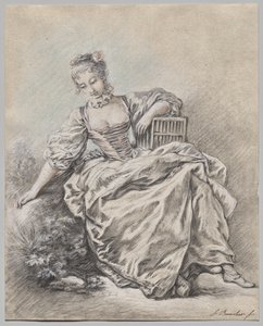 Sittende kvinne som holder et fuglebur av François Boucher