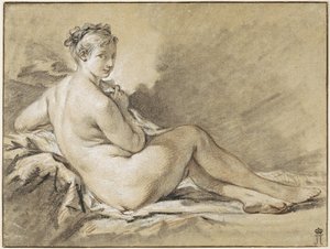 Studie av en naken kvinne - Francois Boucher (1703-1770). Sanguine, svart og hvitt kritt på papir
