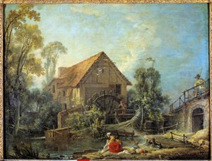 Møllen En kvinne vasker tøyet i bekken ved en vannmølle. Maleri av Francois Boucher (1703-1770) 1751 søn. 0,66 x 0,84 m. - Møllen. En kvinne som vasker klær i bekken nær en vannmølle. Maleri av Francois Boucher (1703-1770) 1751. 0,66 av François Boucher