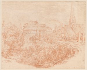 Utsikt over bygninger på landsbygda og kirketårnet av François Boucher