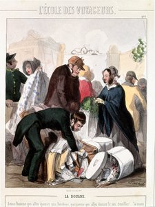 Toll. Tollkontroll av medgiften til en arving som skulle gifte seg med en ung mann. Fargegravering av Francois Bouchot (1800-1842), ca. 1830. Paris, Musee Carnavalet