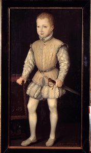 Portrett av Henrik IV av Navarra (1553-1610), et barn i en alder av 4, under oppholdet i Paris med foreldrene i 1557, deretter prins av Navarra Maleri av Francois Bunel II (ca. 1552-før 1599). 1557. Dim. 1,25x0,64 m. Versailles, Versailles slott