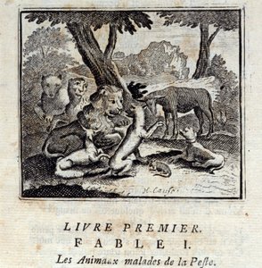 Dyr som er syke av pesten. Fabler av Jean de La Fontaine (1621-95). Illustrasjon av Francois Chauveau (1613-1676). Utgave av 1728. av Francois Chauveau