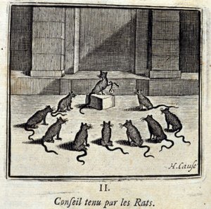 Styre holdt av rottene. Fabler av Jean de La Fontaine (1621-95). Illustrasjon av Francois Chauveau (1613-1676). Utgave av 1728. av Francois Chauveau