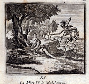 Døden og de ulykkelige. Fabler av Jean de La Fontaine (1621-95). Illustrasjon av Francois Chauveau (1613-1676). Utgave av 1728. av Francois Chauveau