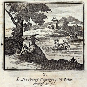 Esellass med svamper, og esellass med salt. Fabler av Jean de La Fontaine (1621-95). Illustrasjon av François Chauveau (1613-1676). Utgave av 1728. av Francois Chauveau