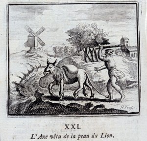 Esel iført løvens hud. Fabler av Jean de La Fontaine (1621-95). Illustrasjon av François Chauveau (1613-1676). Utgave av 1728. av Francois Chauveau