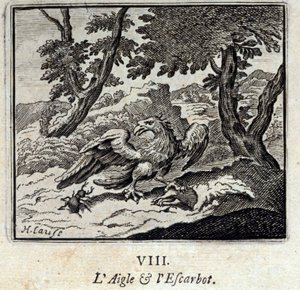 Ørn og snegl. Fabler av Jean de La Fontaine (1621-95). Illustrasjon av Francois Chauveau (1613-1676). Utgave av 1728. av Francois Chauveau