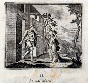 Ondskapen gifter seg. Fabler av Jean de La Fontaine (1621-95). Illustrasjon av Francois Chauveau (1613-1676). Utgave av 1728. av Francois Chauveau