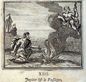 Jupiter og passasjeren. Fabler av Jean de La Fontaine (1621-95). Illustrasjon av Francois Chauveau (1613-1676). Utgave av 1728. av Francois Chauveau