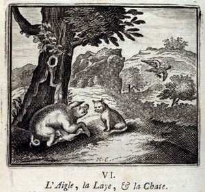 The Eagle the Laie and the Cat. Fables av Jean de La Fontaine (1621-95). Illustrasjon av Francois Chauveau (1613-1676). Utgave av 1728. av Francois Chauveau