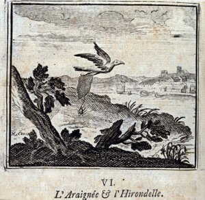 Edderkoppen og svalen. Fabler av Jean de La Fontaine (1621-95). Illustrasjon av François Chauveau (1613-1676). Utgave av 1728. av Francois Chauveau