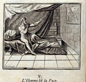 The Man and the Flea.Fables av Jean de La Fontaine (1621-95). Illustrasjon av Francois Chauveau (1613-1676). Utgave av 1728. av Francois Chauveau