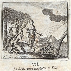La Souris forvandlet til en jente. Fabler av Jean de La Fontaine (1621-95). Illustrasjon av François Chauveau (1613-1676). Utgave av 1728. av Francois Chauveau