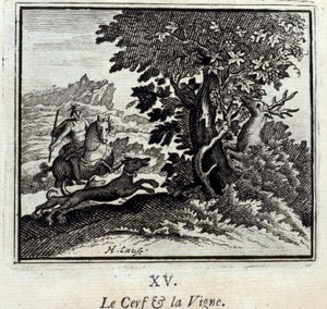 Hjorten og vintreet. Fabler av Jean de La Fontaine (1621-95). Illustrasjon av François Chauveau (1613-1676). Utgave av 1728. av Francois Chauveau