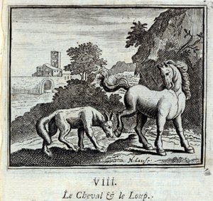 Hesten og ulven. Fabler av Jean de La Fontaine (1621-95). Illustrasjon av François Chauveau (1613-1676). Utgave av 1728. av Francois Chauveau
