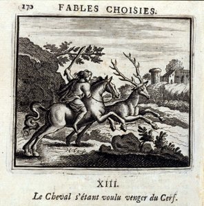 Hesten ønsket hevn for hjorten. Fabler av Jean de La Fontaine (1621-95). Illustrasjon av Francois Chauveau (1613-1676). Utgave av 1728. av Francois Chauveau