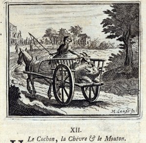 The Pig the Goat and the Mut.Fables av Jean de La Fontaine (1621-95). Illustrasjon av Francois Chauveau (1613-1676). Utgave av 1728. av Francois Chauveau