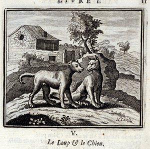 Ulven og hunden. Fabler av Jean de La Fontaine (1621-95). Illustrasjon av Francois Chauveau (1613-1676). Utgave av 1728. av Francois Chauveau