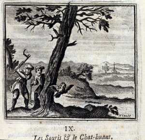 Musene og Huant-katten. Fabler av Jean de La Fontaine (1621-95). Illustrasjon av Francois Chauveau (1613-1676). Utgave av 1728. av Francois Chauveau