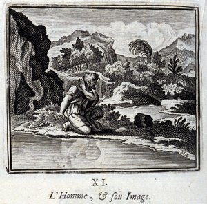 Mennesket og hans bilde. Fabler av Jean de La Fontaine (1621-95). Illustrasjon av Francois Chauveau (1613-1676). Utgave av 1728. av Francois Chauveau