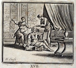 Mann mellom to aldre og hans to elskerinner. Fabler av Jean de La Fontaine (1621-95). Illustrasjon av Francois Chauveau (1613-1676). Utgave av 1728. av Francois Chauveau