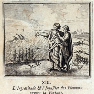 Menns utakknemlighet og urettferdighet til formue. Fabler av Jean de La Fontaine (1621-95). Illustrasjon av François Chauveau (1613-1676). Utgave av 1728. av Francois Chauveau
