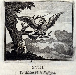Milano og nattergalen. Fabler av Jean de La Fontaine (1621-95). Illustrasjon av Francois Chauveau (1613-1676). Utgave av 1728. av Francois Chauveau