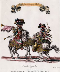 Persisk timbalier og trompet under karusellen gitt av kong Louis XIV (1639-1715) Gravering av Francois Chauveau (1613-1676) ca. 1662 Privat samling av Francois Chauveau