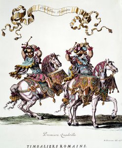 Romerske timbaliers under karusellen gitt av kong Louis XIV (1638-1715) i 1662 Gravering av Francois Chauveau (1613-1676) 1600-tallets privatsamling