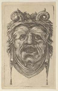 Satyrmaske med krøllede horn, bladrike øyenbryn og en klut som henger under haken, ca. 1635-45. av Francois Chauveau