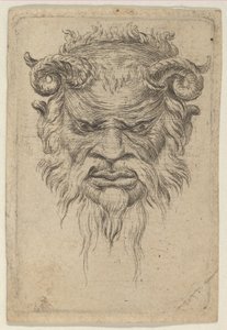 Satyrmaske med krøllede horn som ser ned, fra Divers Masques, ca. 1635-45. av Francois Chauveau