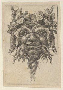 Satyrmaske med spiralformet skjegg og eføy gruppert rundt hvert horn, fra Divers..., ca. 1635-45. av Francois Chauveau