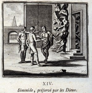 Simonides bevart av gudene. Fabler av Jean de La Fontaine (1621-95). Illustrasjon av Francois Chauveau (1613-1676). Utgave av 1728. av Francois Chauveau