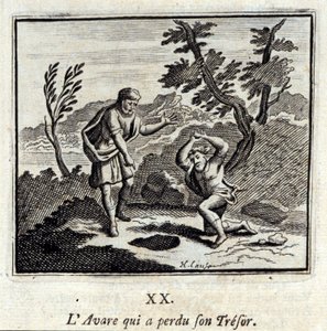 The Avare som mistet sin tresor.Fables av Jean de La Fontaine (1621-95). Illustrasjon av François Chauveau (1613-1676). Utgave av 1728. av Francois Chauveau