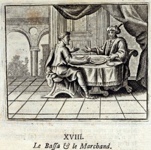 Bassaen og kjøpmannen. Fabler av Jean de La Fontaine (1621-95). Illustrasjon av Francois Chauveau (1613-1676). Utgave av 1728. av Francois Chauveau