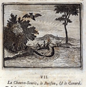 Flaggermusen, busken og anda. Fabler av Jean de La Fontaine (1621-95). Illustrasjon av François Chauveau (1613-1676). Utgave av 1728. av Francois Chauveau