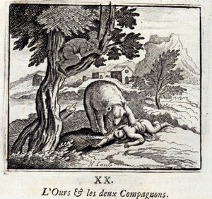 Bjørnen og de to følgesvennene. Fabler av Jean de La Fontaine (1621-95). Illustrasjon av François Chauveau (1613-1676). Utgave av 1728. av Francois Chauveau