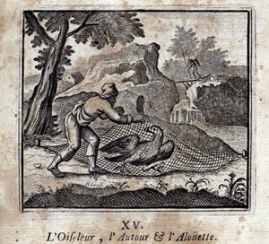 Fuglefuglen rundt og Alouetten. Fabler av Jean de La Fontaine (1621-95). Illustrasjon av François Chauveau (1613-1676). Utgave av 1728. av Francois Chauveau