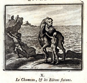 Kamelen og de flytende stokkene. Fabler av Jean de La Fontaine (1621-95). Illustrasjon av François Chauveau (1613-1676). Utgave av 1728. av Francois Chauveau