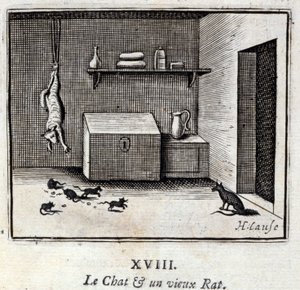 Katten og en gammel rotte. Fabler av Jean de La Fontaine (1621-95). Illustrasjon av Francois Chauveau (1613-1676). Utgave av 1728. av Francois Chauveau