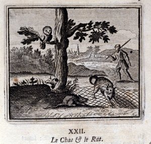 Katten og rotten. Fabler av Jean de La Fontaine (1621-95). Illustrasjon av Francois Chauveau (1613-1676). Utgave av 1728. av Francois Chauveau