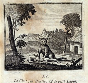 Katten, veslen og den lille kaninen. Fabler av Jean de La Fontaine (1621-95). Illustrasjon av François Chauveau (1613-1676). Utgave av 1728. av Francois Chauveau